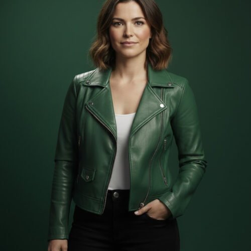 Women’s Forest Green Genuine Leather Biker Jacket – Slim Fit Moto Style